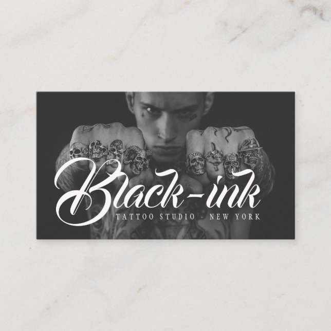 Tattoo studio black photo white script calligraphy business card (Front)