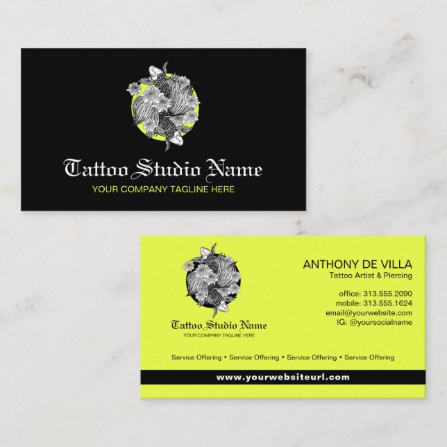 Tattoo Studio, Tattoo Artist - Neon Koi Fish Logo  Business Card (Front/Back)