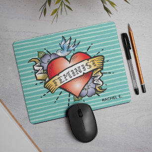 Tattoo Style Heart Feminist on Aqua Mouse Pad
