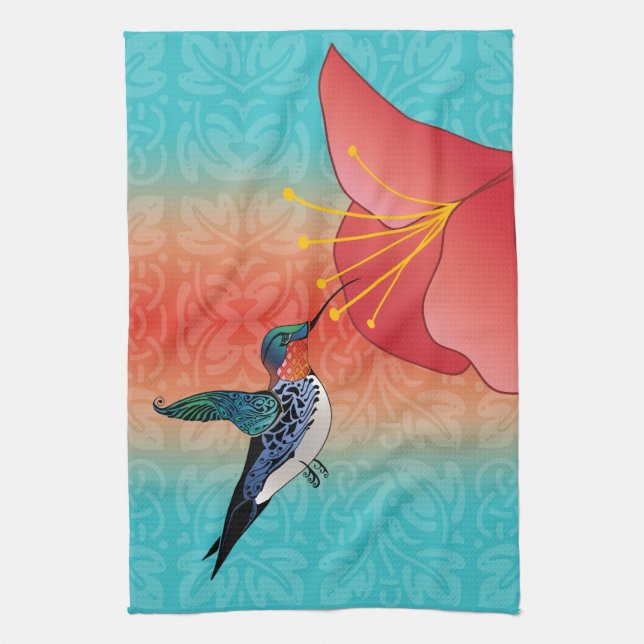 Tattoo Style Hummingbird and Red Flower Ombre Tea Towel (Vertical)
