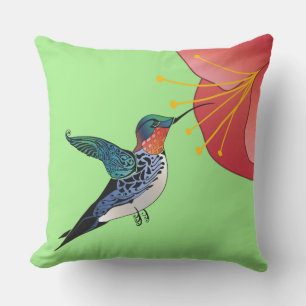 Tattoo Style Hummingbird Red Tropical Flower Cushion