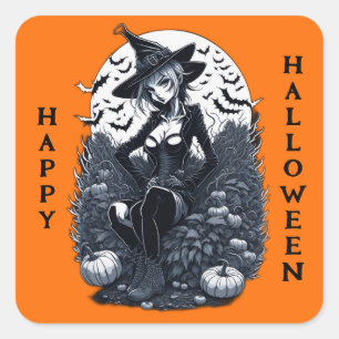 Tattoo Style Moonlit Witch Pumpkin Patch Square Sticker