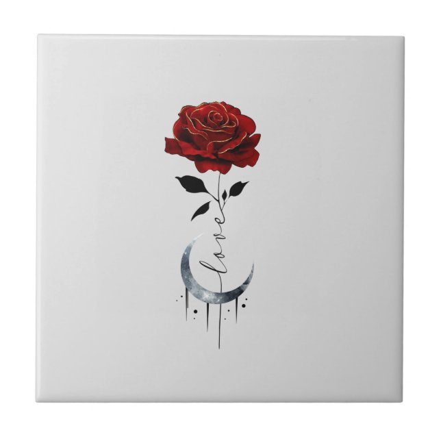 Tattoo-Style Red Rose & Crescent Moon with "Love" Ceramic Tile (Front)