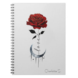 Tattoo-Style Red Rose & Crescent Moon with "Love" Notebook