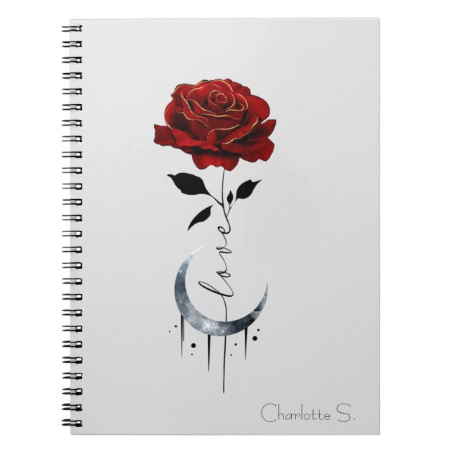 Tattoo-Style Red Rose & Crescent Moon with "Love" Notebook (Front)