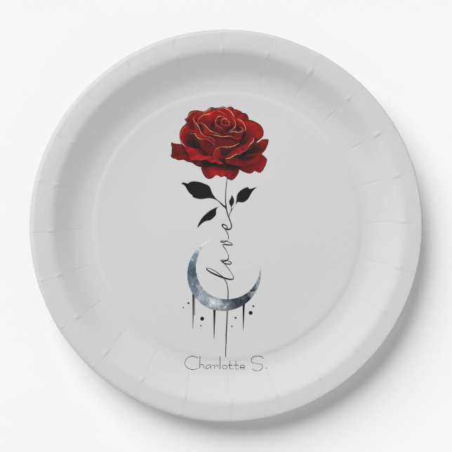 Tattoo-Style Red Rose & Crescent Moon with "Love" Paper Plate (Front)