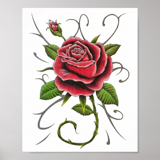 “Tattoo Style Red Rose” Poster Print (Front)