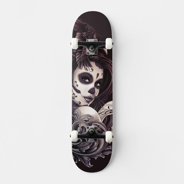 Tattoo Style Sugar Skull Girl with Bird Skateboard (Front)