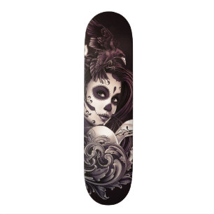 Tattoo Style Sugar Skull Girl with Bird Skateboard
