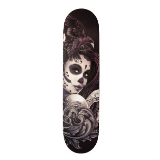 Tattoo Style Sugar Skull Girl with Bird Skateboard