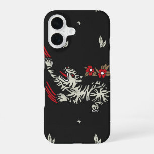 Tattoo Style White Tiger with Floral Back iPhone 16 Case