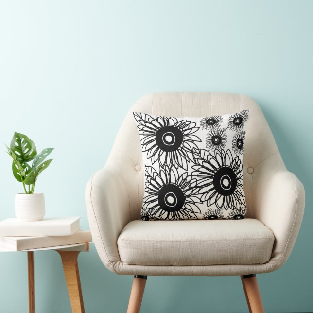 Tattoo Sunflower Floral Black White Tattoo Flower Cushion (Chair)