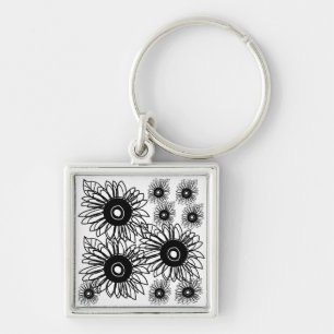 Tattoo Sunflower Floral Black White Tattoo Flower Key Ring