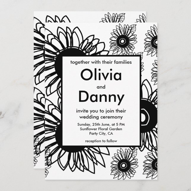 Tattoo Sunflower Floral Black White Tattoo Wedding Invitation (Front/Back)
