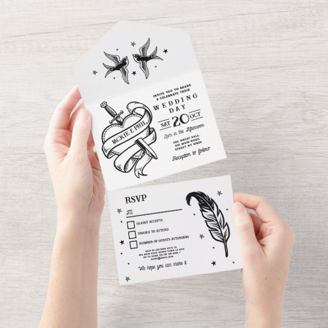 Tattoo Wedding Invite & RSVP Heart Birds (Tearaway)