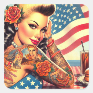 Tattooed American Girl Square Sticker