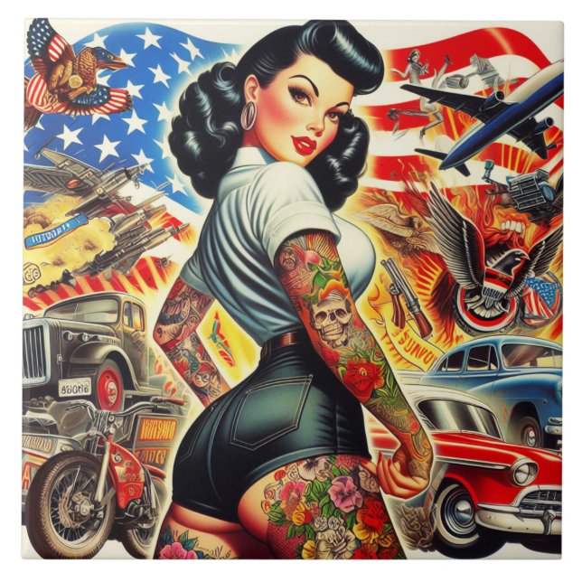 Tattooed American Pin-up Ceramic Tile (Front)
