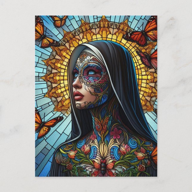 Tattooed Butterfly Nun Stained Glass Postcard (Front)