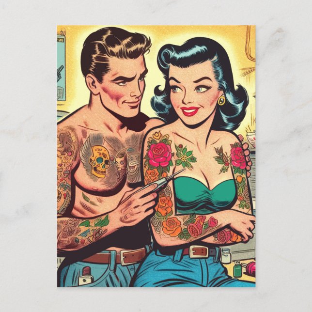 Tattooed Couple Vintage Comics Postcard (Front)