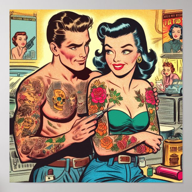 Tattooed Couple Vintage Comics Poster (Front)
