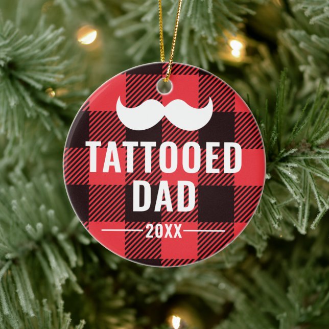 Tattooed Dad Personalised Moustache Bearded Man Ceramic Ornament (Tree)