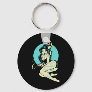 Tattooed Goth Pin-up Girl Horror Ghost Moon Rockab Key Ring