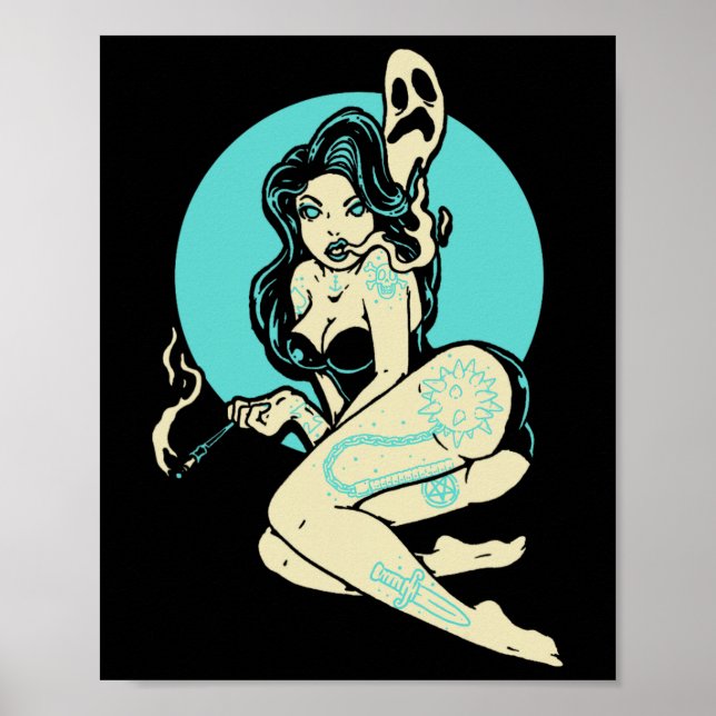 Tattooed Goth Pin-up Girl Horror Ghost Moon Rockab Poster (Front)