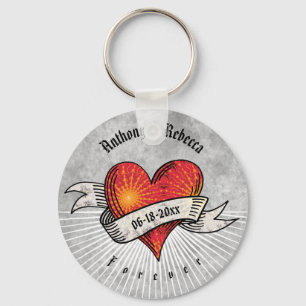 Tattooed Hearts Add Names and Date Key Ring