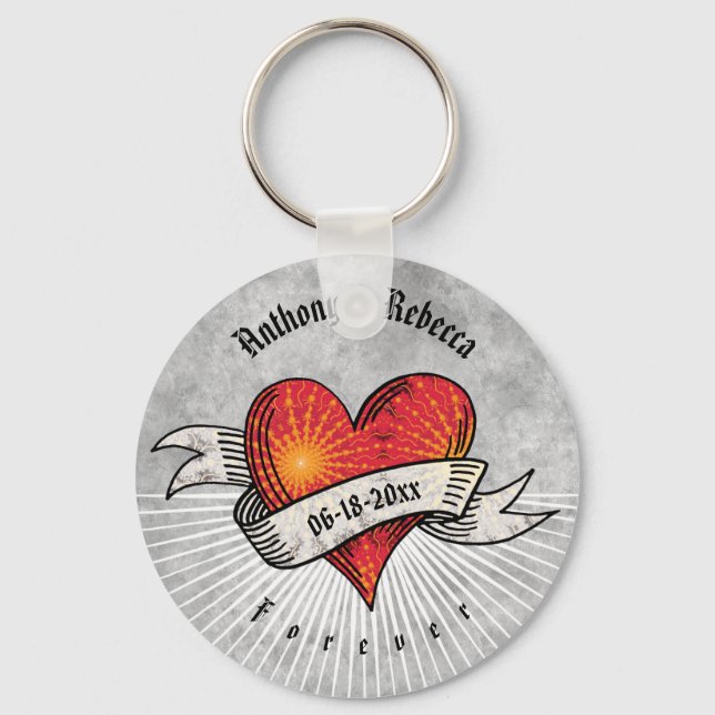 Tattooed Hearts Add Names and Date Key Ring (Front)