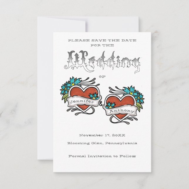 Tattooed Hearts, Tattoo Graphic Wedding Save The Date (Front)