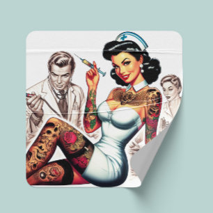 Tattooed Nurse Pin-up Square Sticker