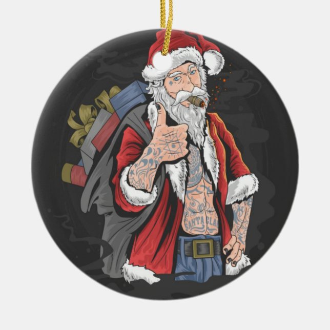 TATTOOED SANTA CLAUS GIVING THUMBS UP CERAMIC ORNAMENT (Front)