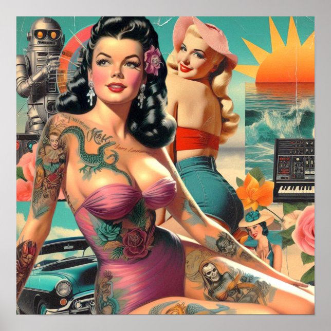 Tattooed Summer Pin-up Collage Poster (Front)