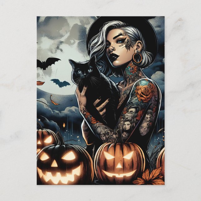 Tattooed Witch with Black Cat and Full Moon Postcard (Front)