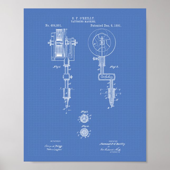 Tattooing Machine 1891 Patent Art Blueprint Poster (Front)