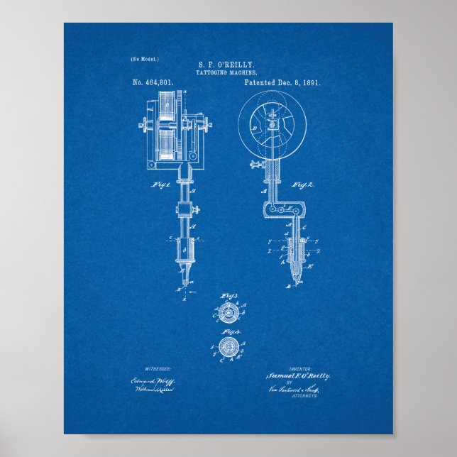 Tattooing Machine Patent - Blueprint Poster (Front)