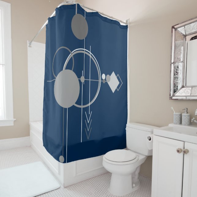 Tattoos Line Art | Abstract Navy Blue Dark Grey Shower Curtain (In Situ)