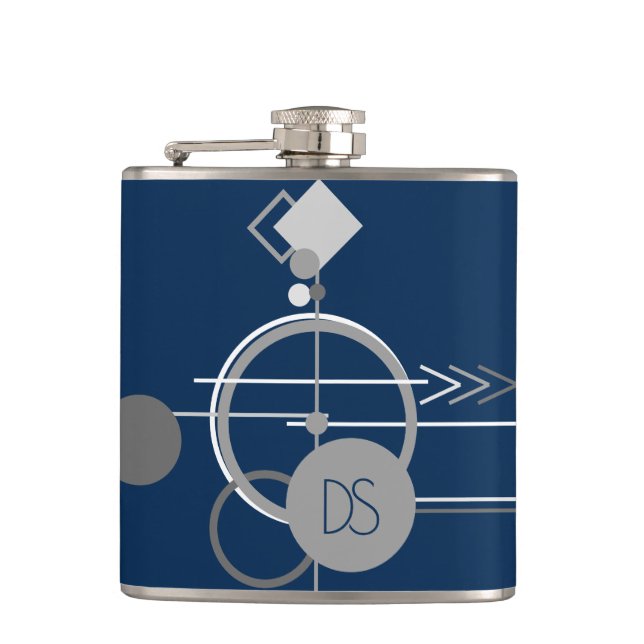 Tattoos Line Art | Abstract Navy Blue Grey Custom Hip Flask (Front)