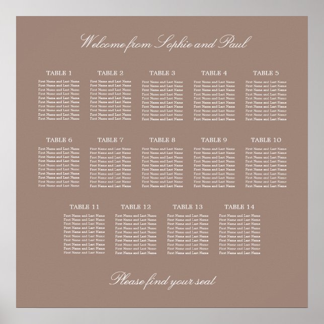 Taupe 14 Table Wedding Seating Chart Poster (Front)