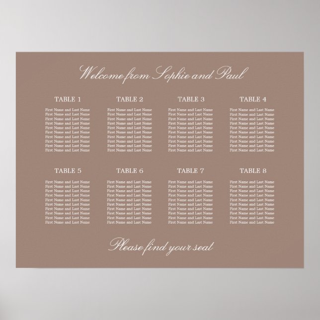 Taupe 8 Table Wedding Seating Chart Poster (Front)
