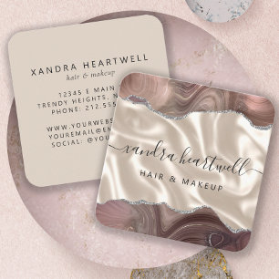 Taupe Agate Silver Glitter Luxury Rounded Corners Square Business Card