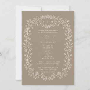 Taupe and Beige Floral Line Art Wedding Invitation