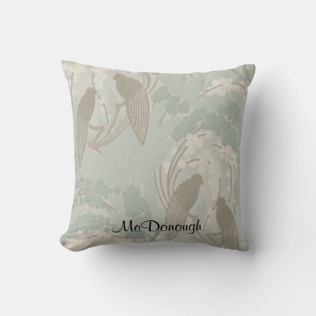 Taupe and Blue Paradise Garden Pattern Cushion (Front)