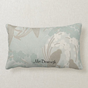 Taupe and Blue Paradise Garden Pattern Lumbar Cushion