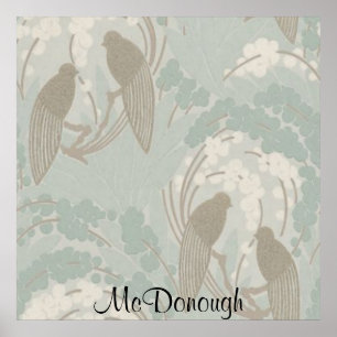 Taupe and Blue Paradise Garden Pattern Poster