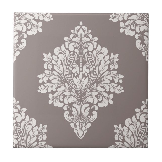 Taupe and Cream Damask Ceramic Tile (Front)