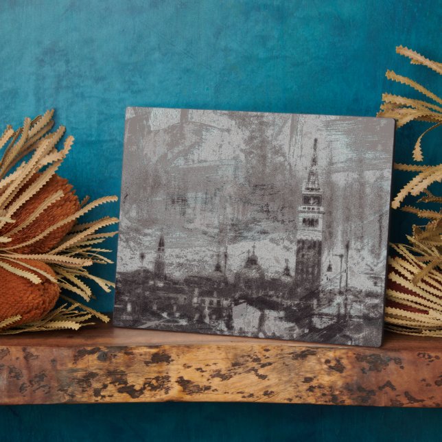 Taupe and Cyan Distressed Skyline Venice Italy Art Plaque (Side)