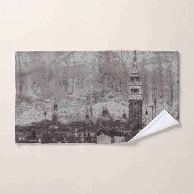 Taupe and Cyan Distressed Skyline Venice Italy Hand Towel (Hand Towel)