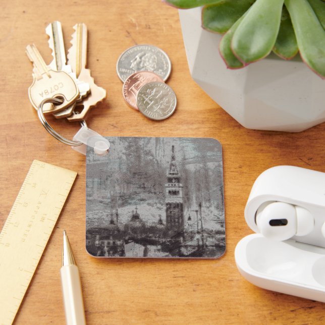Taupe and Cyan Distressed Skyline Venice Italy Key Ring (Desk)