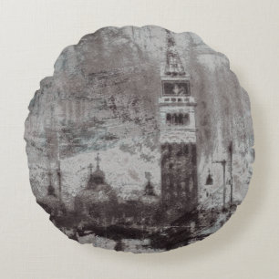 Taupe and Cyan Distressed Skyline Venice Italy Round Cushion